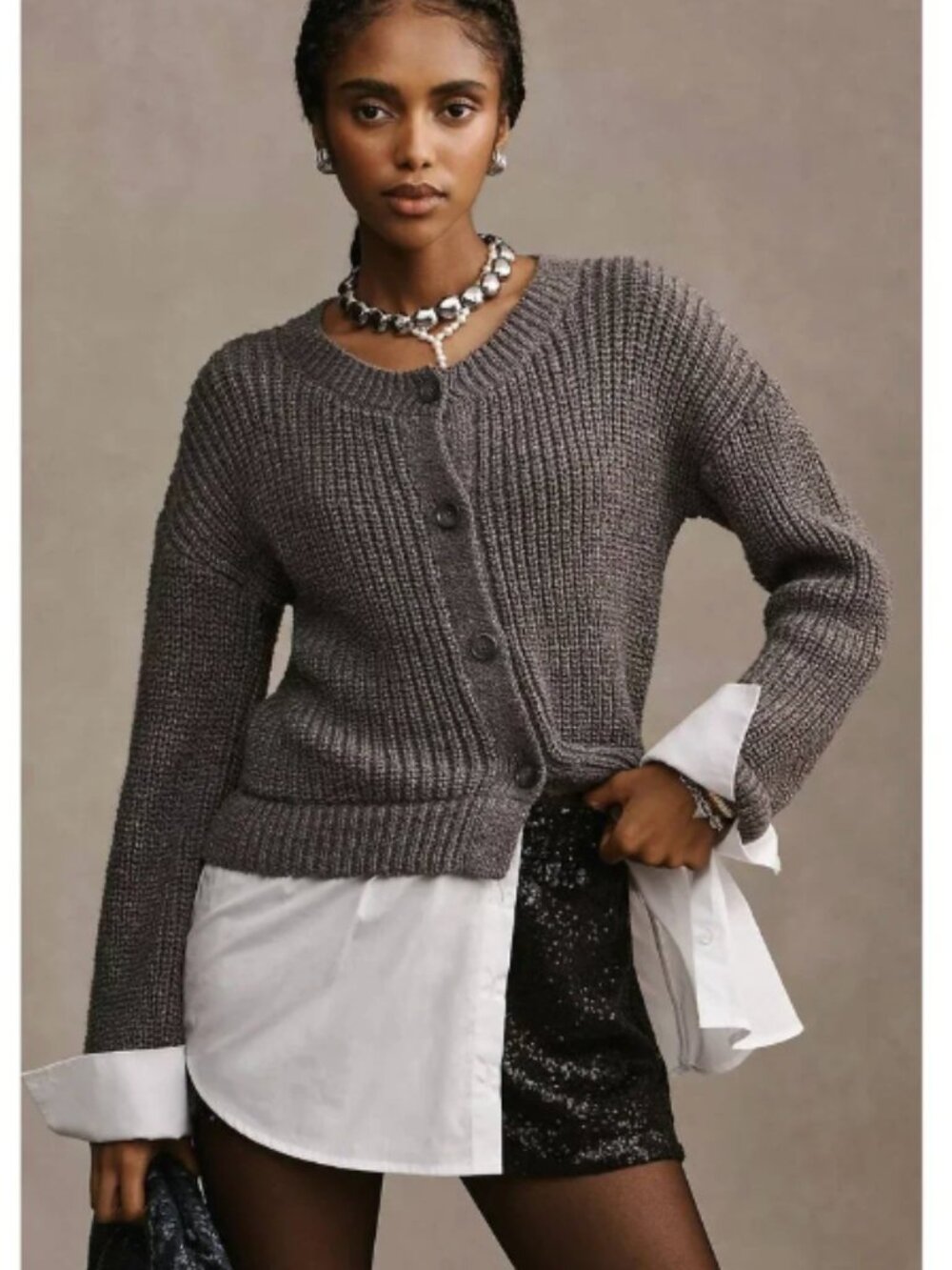 By Anthropologie Cropped Twofer Cardigan M Gray Shirt Hem Academia Preppy Oxford